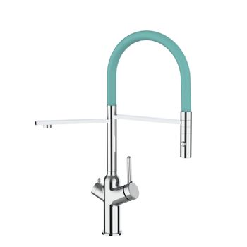 Grifo De Cocina 3vías - Caño Flexible Turquesa Y Ducha 2 Chorros