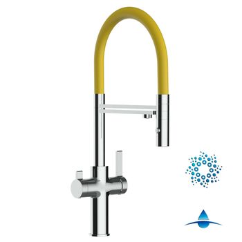 Grifo De Cocina 4vías - Caño Flexible Amarillo Y Ducha 2 Chorros