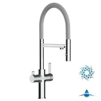 Grifo De Cocina 4vías - Caño Flexible Gris Y Ducha 2 Chorros