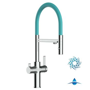 Grifo De Cocina 4vías - Caño Flexible Turquesa Y Ducha 2 Chorros