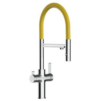 Grifo De Cocina 3vías - Caño Flexible Amarillo Y Ducha 2 Chorros