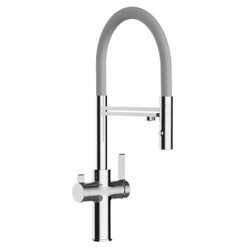 Grifo De Cocina 3vías - Caño Flexible Gris Y Ducha 2 Chorros