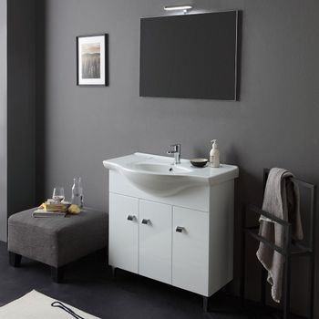 Mueble De Baño De Pie De 85 Cm En Blanco Brillo Espejo Y Lámpara Smeraldo