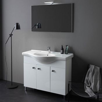 Mueble De Baño De Pie De 105 Cm 3 Puertas Blanco Alto Brillo, Espejo Con Lámpara Smeraldo