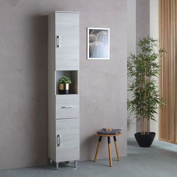 Columna De Baño Multiusos 2 Puertas, Cajón Y Compartimento Abierto Roble Gris  Rimini