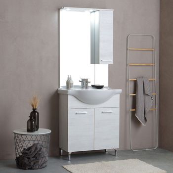 Mueble De Baño 75cm 2 Puertas Roble Blanco Y Espejo Con Mueble Alto Rimini