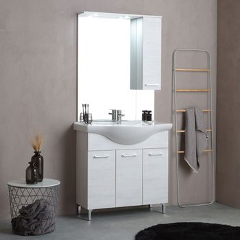 Mueble De Baño De Pie 85 Cm En Roble Blanco Efecto Madera