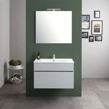 Mueble De Baño Suspendido De 80 Cm Con Cajón, Lavabo De Cerámica Y Espejo De 80x60 Silvia