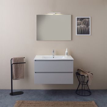 Mueble De Baño Suspendido De 80 Cm, 2 Cajones, Blanco Bosque, Lavabo Y Espejo De 80x60, Barcellona