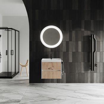 Mueble De Baño Suspendido De 60 Cm Blanco Con Frontal De Roble Dorado Con Caneté Cortina