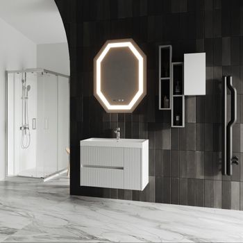 Mueble De Baño Suspendido De 80 Cm Con Espejo Octagonal Con Led Cortina