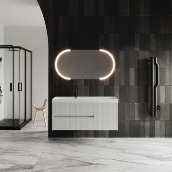 Mueble De Baño 120cm Blanco Mate Canetado Espejo Ovalado Con Led