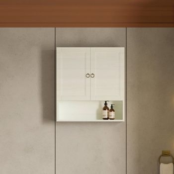 Mueble Colgante De Madera Decapada Blanco Con 2 Puertas Y Estante Abierto Toscana