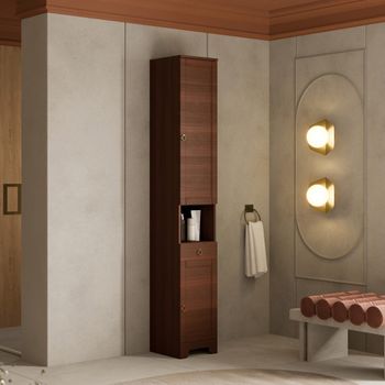 Columna De Baño Nogal Estilo Rústico Toscano, 2 Puertas, 1 Cajón Y Estante Abierto.