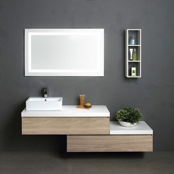 Mueble De Baño 180cm, 2 Cajones De Roble Natural, Encimera Blanca, Lavabo De Diseño, Espejo Y Armario Colgante | Valentina