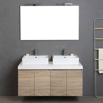 Mueble De Baño Suspendido De 4 Puertas En Roble Natural, Encimera Blanca, 2 Lavabos Decorativos Y Espejo Con Lámpara | Valentina