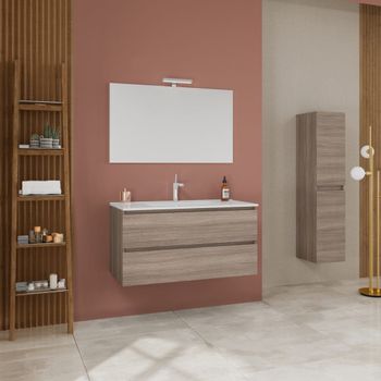 Mueble De Baño Suspendido 120cm 2 Cajones Roble Natural, Lavabo 1 Tina Y Espejo 120x60 | Berlin