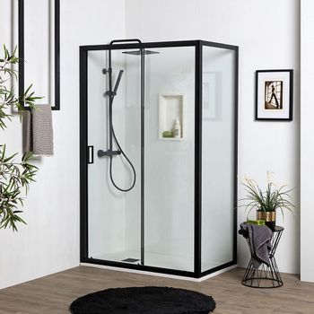 Puerta De Ducha De Nicho De 140 Cm Con Lado Fijo De 80 Cm En Negro Mate Con Apertura Reversible | City