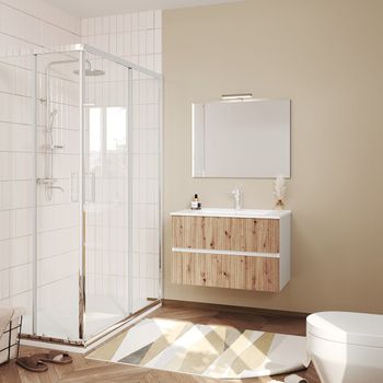 Mueble De Baño 80cm Blanco Con Frente De Roble Canaleado Y Espejo 80x60