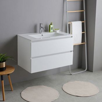 Mueble De Baño 80cm Blanco Efecto Madera Con Lavabo De Cerámica