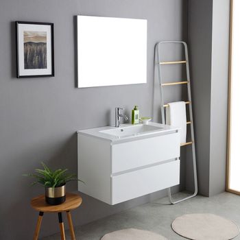 Mueble De Baño Suspendido 80cm Blanco Con Lavabo De Cerámica Y Espejo | Bilbao