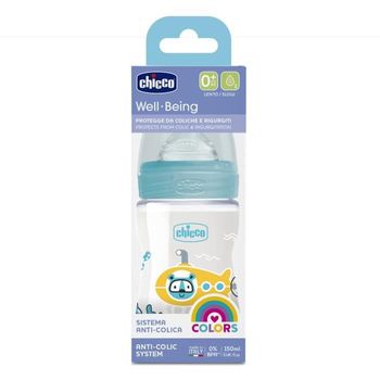 Biberón De Bienestar 150ml Tetina De Silicona Flujo Lento 0m + Azul