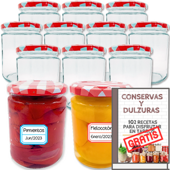 12 Tarros De Cristal De 450 Ml Con Tapas + Ebook Con 102 Recetas Para Conservas - Incluye Etiquetas