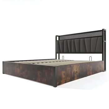 Cama Con Arcón 140x200cm - Tela De Lino - Con Puertos De Carga Y Led - Gris (armazón De Cama Con Almacenaje)