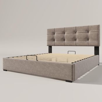 Cama Con Arcón 140x200cm Terciopelo Cabecero Ajustable + Somier - Gris (arcón Con Almacenaje)