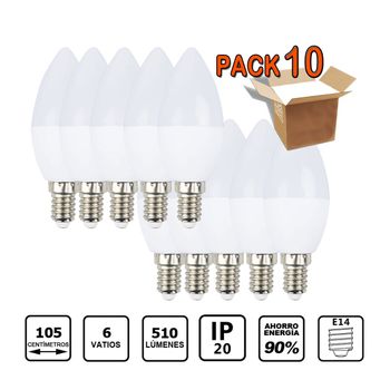 Pack De 10 Bombillas Led Vela E-14 6w 6000k- Luz Fríalampara Led