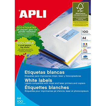 Apli 1283 - Etiquetas Blancas Permanentes Adhesivas Imprimibles, Inkjet-laser-copy, Tamaã±o Etiqueta 38 X 21,2 Mm, Cantos Rectos, Pack De 100 Hojas A4 (6500 Etiquetas), Ideal Para Sobres Y Paquetes