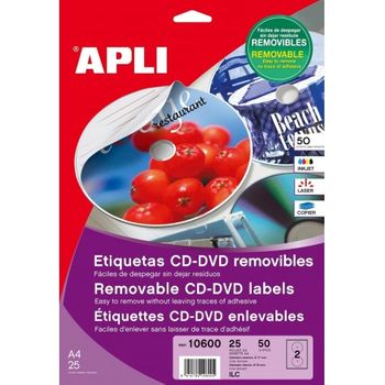 Apli Etiquetas Adhesivas Cd/dvd Tamaño Mega Inkjet/láser 2 X 25h Blanco Mate