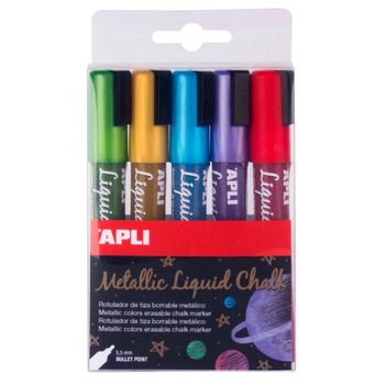 Apli Metallic Liquid Chalk Punta Redonda Pack De 5 Rotuladores De Tiza Borrable, 5,5 Mm, Multicolor (amarillo/azul/lila/rojo/verde), 5 Unidades