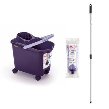 Mery, Set Cubo+fregona+palo, Cubo Escurridor Automático Con Ruedas, Morado, 14l, Fregona Microfibra Absorbente, Palo Telescópico