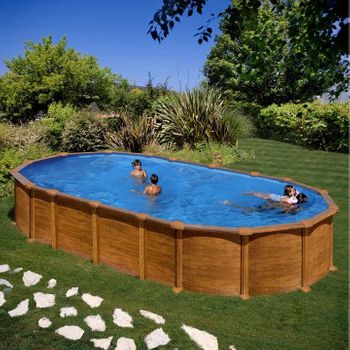 Piscina Ovalada Imitación Madera 610 X 375 X 132 Cm Con Sistema De Vigas Gre