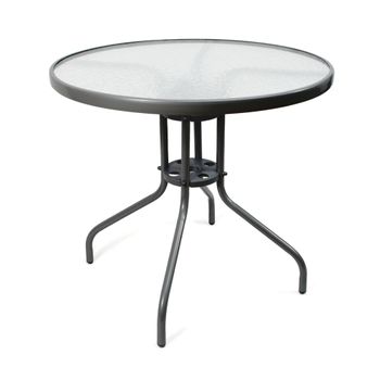 Mesa Redonda De Metal Con Base De Cristal Texturizado - Alto. 70 Cm X Diámetro. Ø80 Cm - Mesa Para Jardín, Terraza, Patio O Balcón - Negro