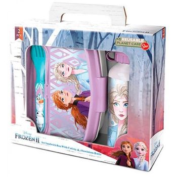 Set De Botella Y Sandwichera + Cubiertos Frozen Ii One Heart 21x18x7cm