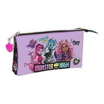 Safta Monster High - Portatodo Triple, Estuche Infantil, Estuche Niño, Ideal Para Niños En Edad Escolar, Cómodo Y Versátil, Calidad Y Resistencia, 22x3x12 Cm, Color Negro