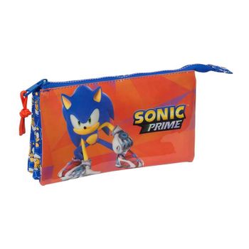 Sonic Prime - Portatodo Triple, Estuche Infantil, Estuche Niño, Ideal Para Niños En Edad Escolar, Cómodo Y Versátil, Calidad Y Resistencia, 22x3x12 Cm, Color Azul