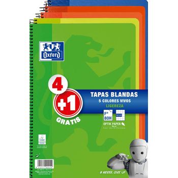 Oxford Cuadernos A4, Tapa Blanda, 80 Hojas; Cuadrícula 4x4, Pack 4+1, Surtido Colores Vivos