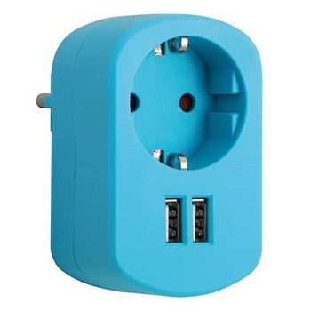 Base Enchufe Con 2 Tomas Usb 21a Azul