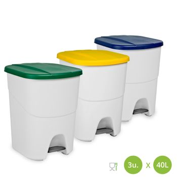 Set De 3 Cubos Con Pedal Pedalbin Ecológico 40 Litros. Colores Verde, Amarillo Y Azul.