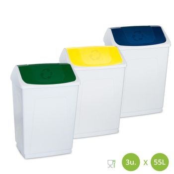 Set De 3 Papelera Basculante Pongotodo 55 Litros. Colores Verde, Amarillo Y Azul.