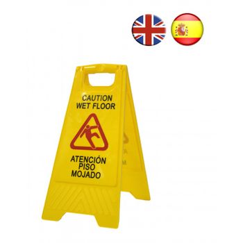 Señal Aviso Profesional "caution Wet Floor - Atención Suelo Mojado". En Inglés Y Español. Alta Visibilidad Para Evitar Accidentes