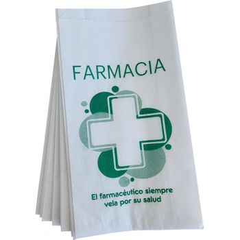 Bolsa Papel Blanca Logo Farmacia. Tamaño 18 + 6 X 32. Caja 1000 Unidades
