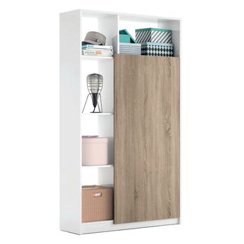 Armario Recibidor Color Blanco Brillo Y Cambrian Con 5 Estantes Y Barra Interior, Mueble Entrada