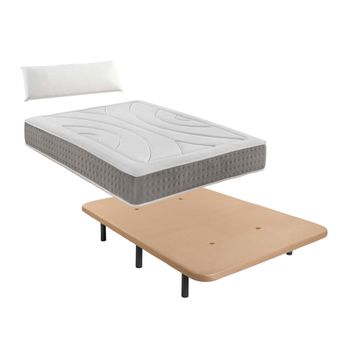 Pack De Base Tapizada Beige + Colchón Viscoelástico De 135x190 Con 1 Almohada Nordic De 135 Cm  - Incluye Montaje