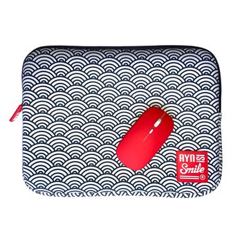 Pack De Funda Para Portátil Y Tablet Hasta 13 Y 14 Pulgadas + Ratón Inalámbrico Rojo Smile Kimono Estampado Japonés Seigaiha Neopreno Azul Y Blanco