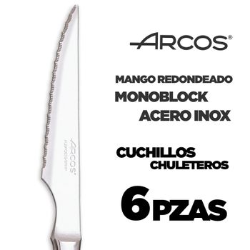 Arcos Juego Cuchillos Carne | 6 Piezas | Cuchillos Carne Arcos | Cuchillo Chuleteros | Cubiertos Acero Inoxidable | Hoja 110 Mm | Mango Monobloque | Aptos Lavavajillas | Caja Envase Ecológico