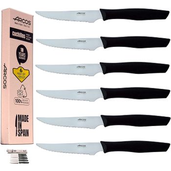 Arcos Cuchillos Carne, 6 pzas, Cuchillos chuleteros Set Cuchillo de Mesa  Sierra, Mango Madera, Hoja 110 mm, Cuchillos Carne Mesa, Apto  lavavajillas, Envase Carton